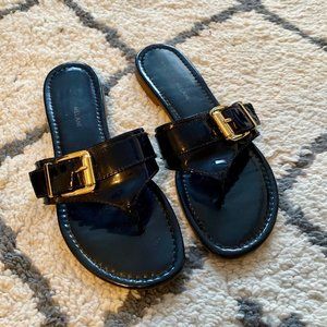 Blue leather sandals with gold buckle